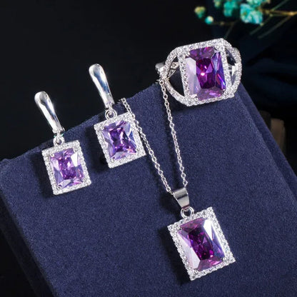 Gloriya Elegant Purple CZ Square Pendant Chain Necklace Earrings and Ring Set Women Fashion Silver Plated Jewellery Sets for Best Gifts