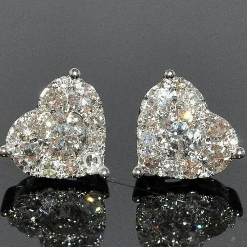 Exquisite Fashion Crystal Full Diamond Stud Earrings Love Heart Shape Cut Ear Studs 925 Sterling Silver Stud Earrings for Women Bride Wedding Engagement Jewelry Gifts