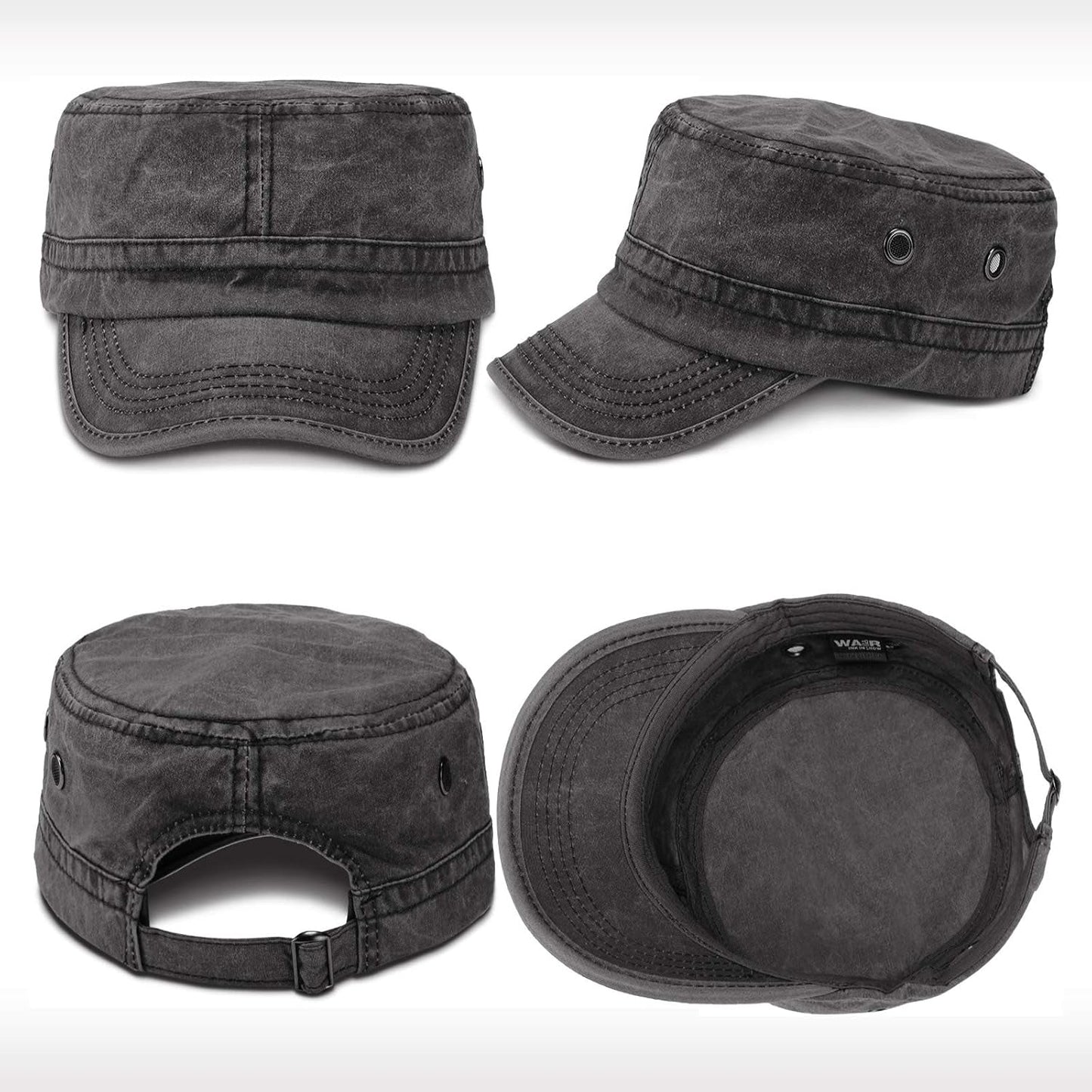 3 Pieces Cadet Army Cotton Caps Washed Military for Flat Top Caps Adjustable Military Style Hat Unisex