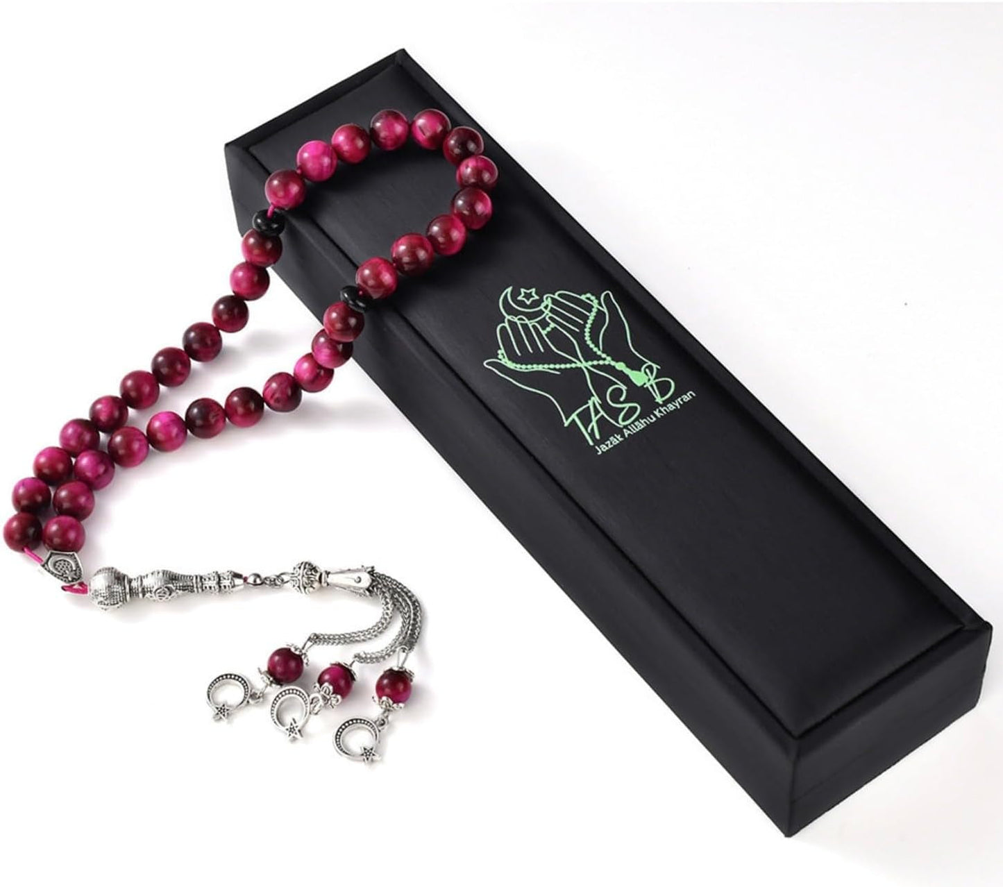 Tasbih Prayer Beads 33 Pink Tiger Eye Stone (33 Beads - 10 Mm) - Masbaha Muslim Rosary - Zikr, Dhikr Subha - Chapelet - Tasbeeh - Islamic Gifts for Women - Handmade Sibha - Eid Gifts