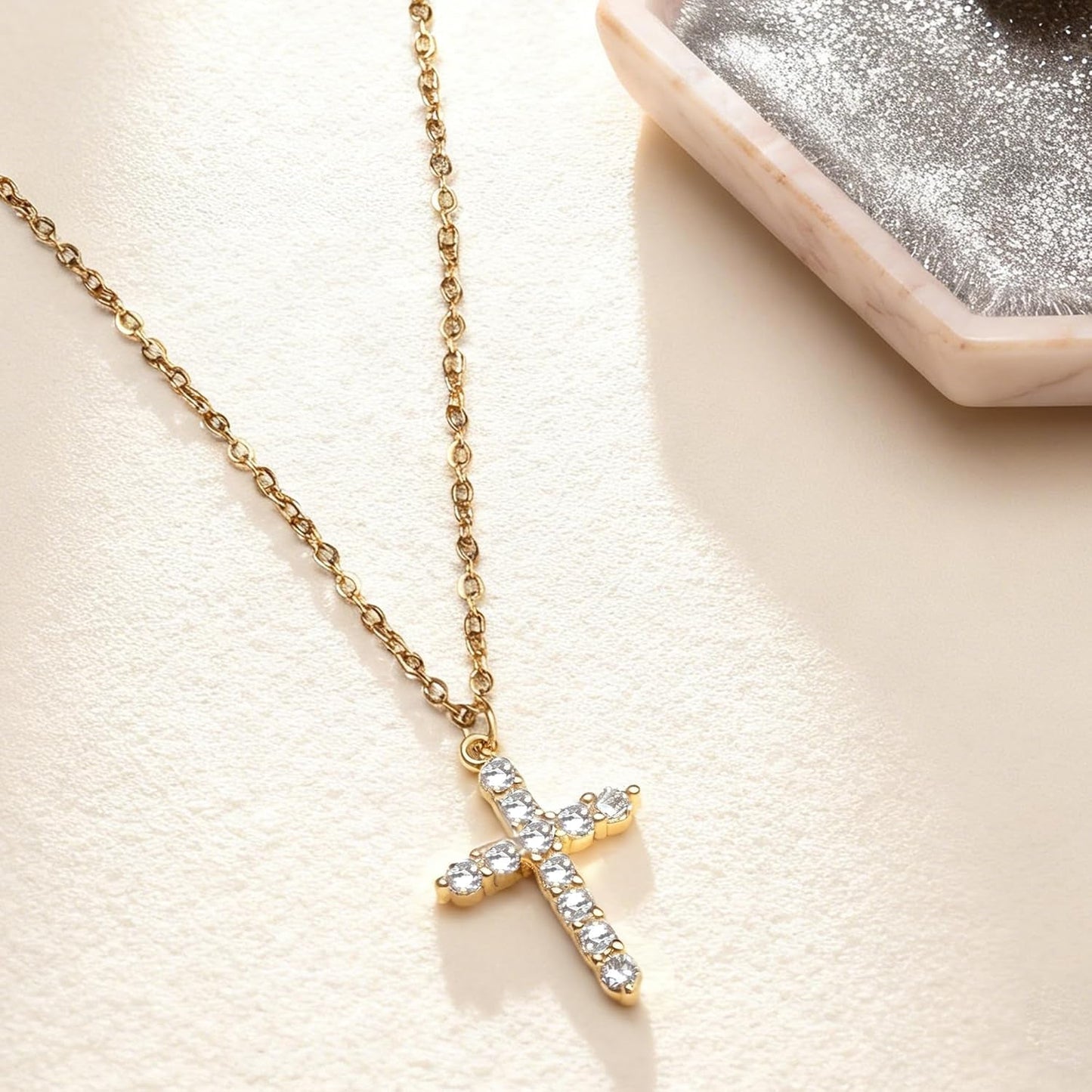 Crown Cross Necklace for Women, 14K Gold Silver Cubic Zirconia Crown Cross Necklace, Diamond Gold Silver Cross Necklaces, Dainty Cross Faith Simple Trendy Charm Jewelry Gift for Women