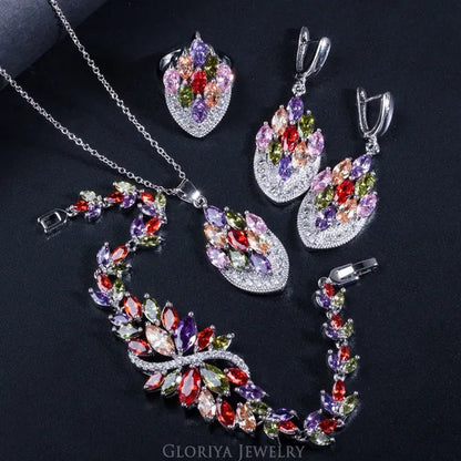 Gloriya Latest Fashion Women Christmas Party Silver Plated Jewelry Set Multicolor CZ Crystal Ring Earrings Bracelet Necklace 4 Pcs Jewelry Sets