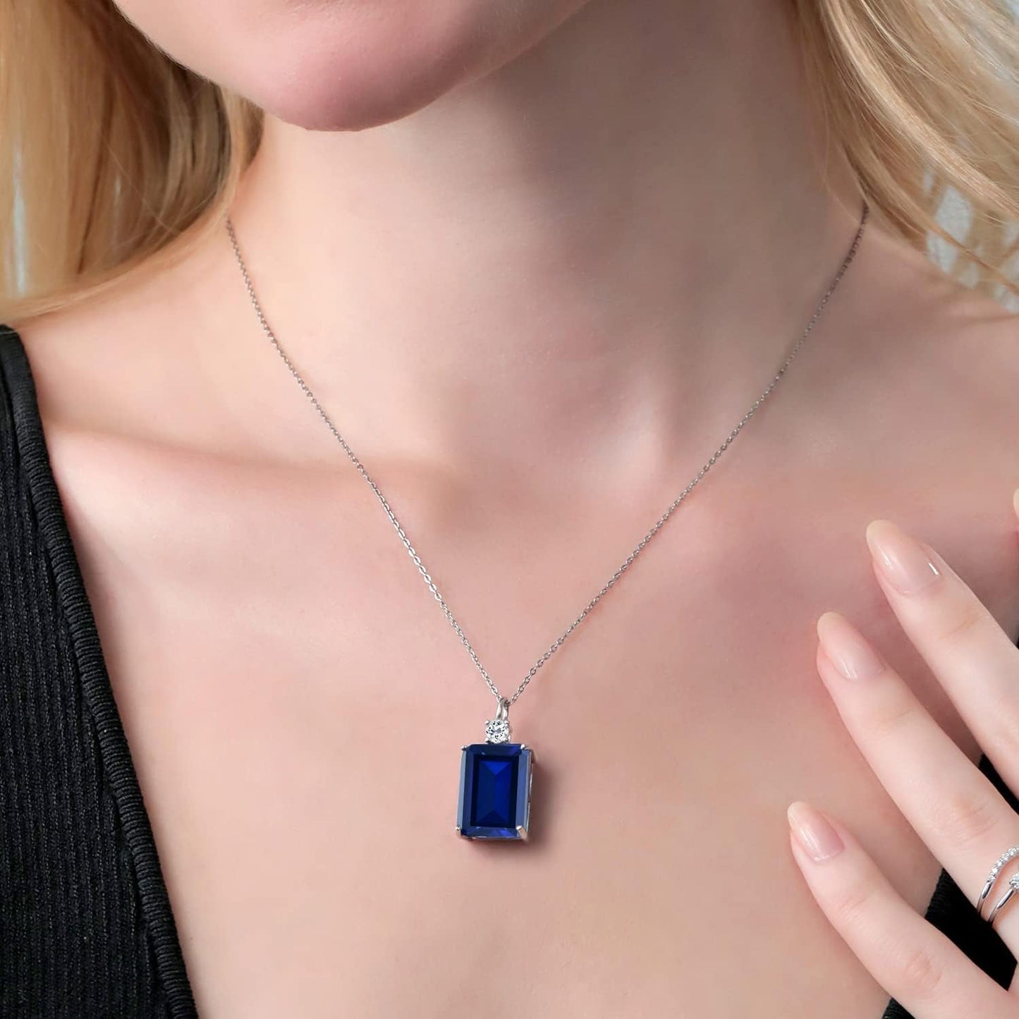 17.83 Cttw Blue Created Sapphire and White Topaz Pendant Necklace for Women in 925 Sterling Silver | Emerald Cut 18X13MM | with 18 Inch Silver Chain