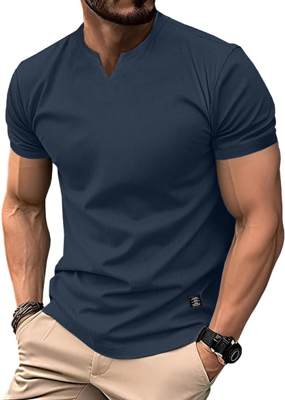 Mens Muscle T Shirts V Neck Short Sleeve Henley Shirt Hipster Longline Gym Workout Athletic Tee Shirts