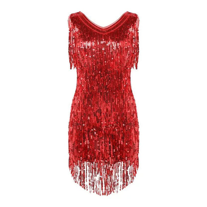 Women's Gowns V Neck Sparkling Sequin Tassels Rhythm Ballroom Salsa Samba Rumba Tango Latin Dance Dress