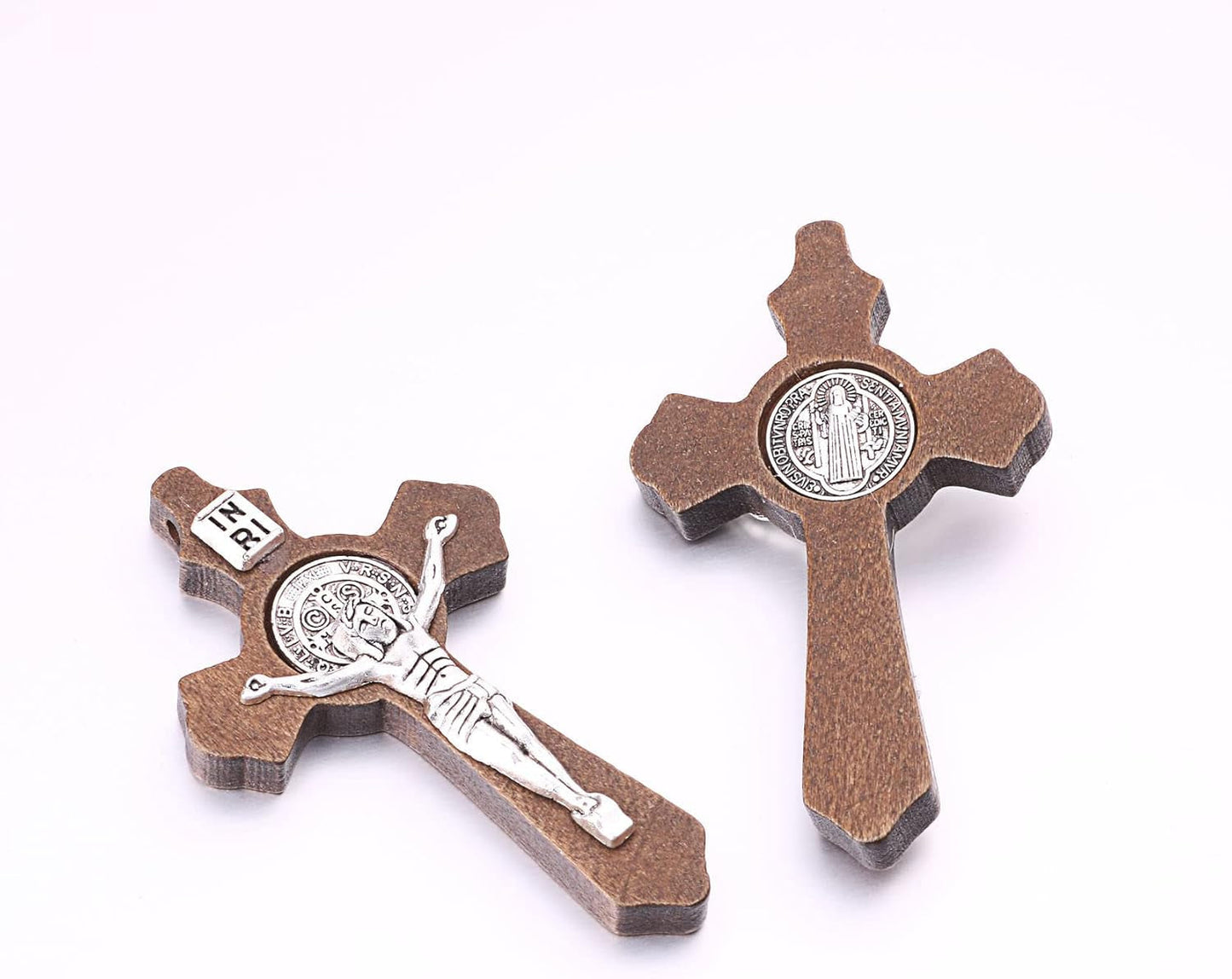 10Pcs Catholic Religious Jesus Wear I Handcrafted Inlay Alloy Wood Cross Crucifix Pendant Necklace Charm Jewelry Making Accessaries