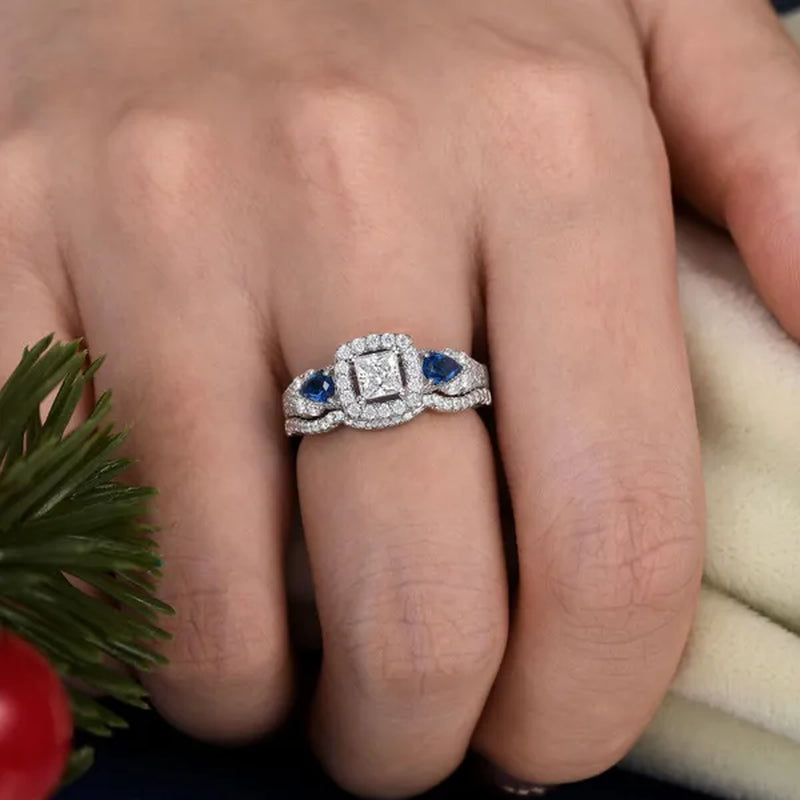 Newshe Wedding Ring Sets For Women Princess Pear Blue Sapphire Engagement Rings Bridal Jewelry 925 Sterling Silver Sz 5-12