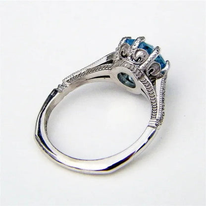 Fashion 2.0ct Round Cut Aquamarine Gemstone Ring Exquisite Silver Carver Flower Diamond Ring Couple Wedding Jewelry