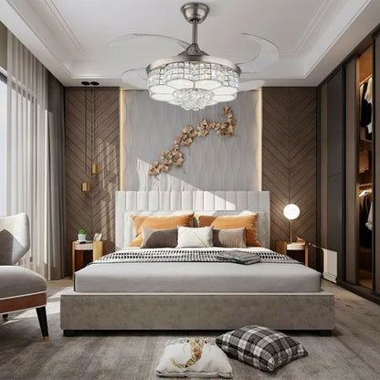Remote 42" Silver Remote Invisible Ceiling Fan Lamp LED Chandelier Light