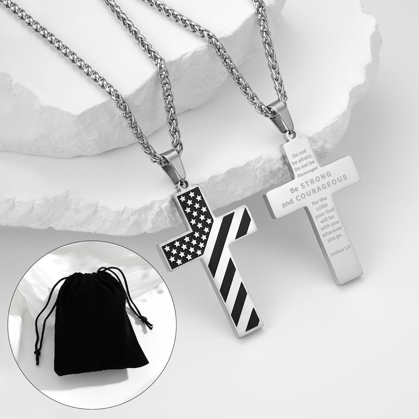 American Flag Cross Necklace Stainless Steel Bible Verse Pendant Men Military Religious Jewelry Gift 20+3 Inch Chain