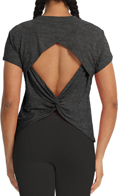 Backless Workout Athletic Shirts Short Sleeve Split Back Yoga Exercise Tops for Women