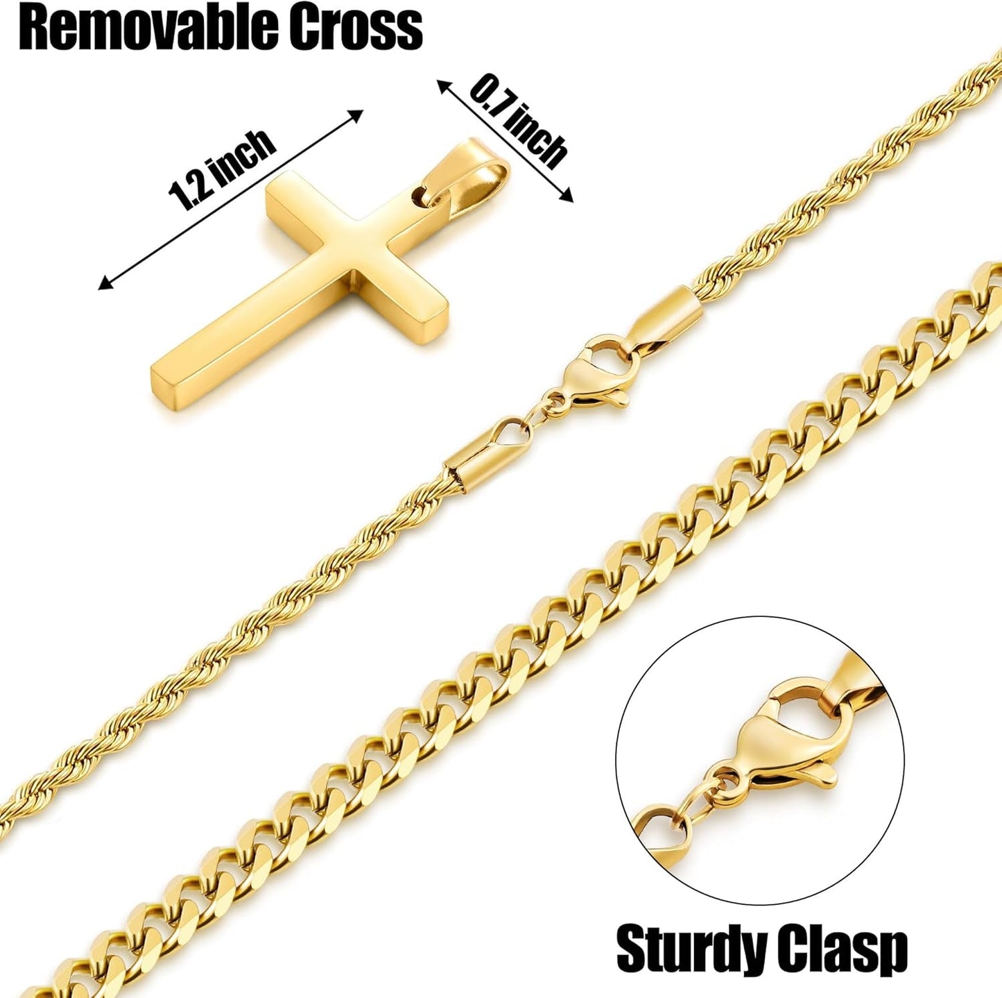 Valentines Gifts for Him - 2 Pcs Cross Necklace Chain for Men and Women, Layered Mens Cross Necklaces Stainless Steel Pendant Cuban Link Rope Chain 16-26 Inch, Jewelry Gift