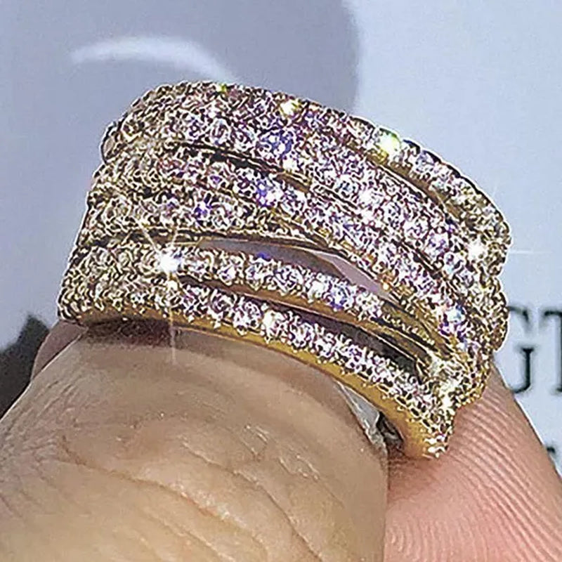 Multi-layer Design 18K Gold Micro Pave Diamond Bridal Wedding Rings for Women Engagement Proposal Gift Jewelry