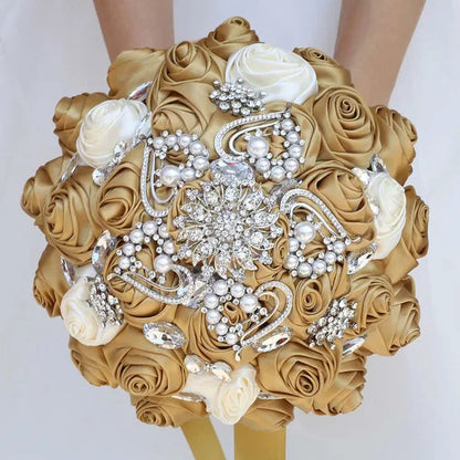 Exquisitely Handmade Ribbon Diamond Bridesmaids Holding Flowers 21CM Pearl Rhinestone Brooch Bridal Bouquet Artificial Silk Rose Wedding Flower Bouquet
