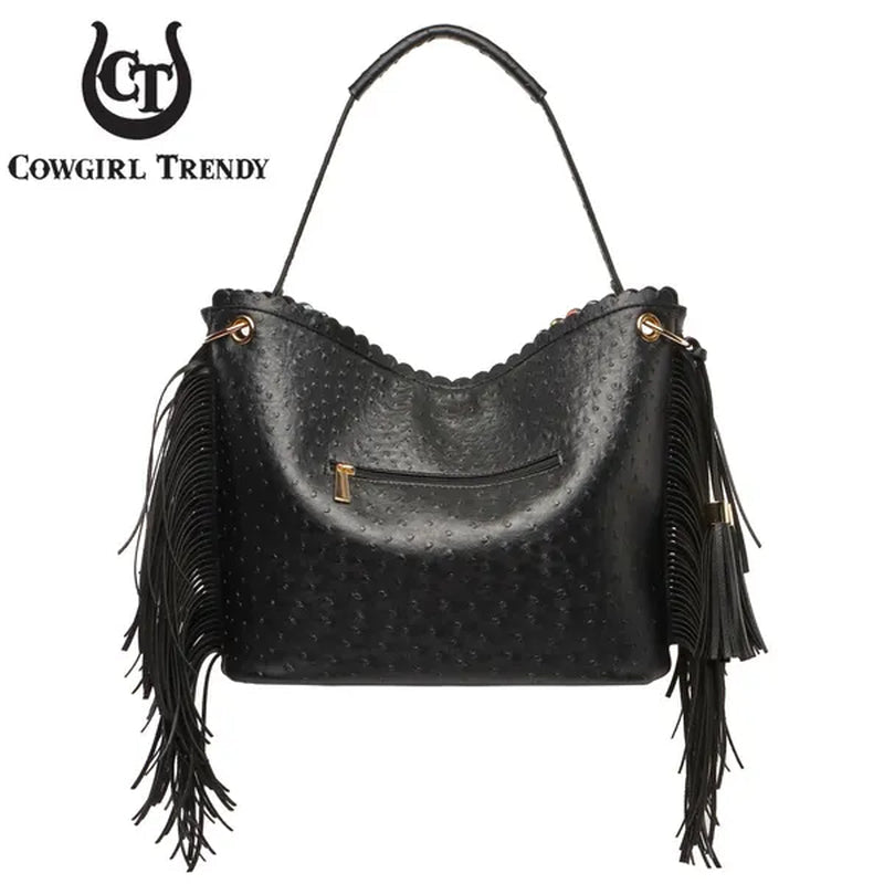 Bright African Bohemian Dashiki Ostrich Fringe Tassels Western Country Handbag Women Shoulder Bag Wallet Set Black