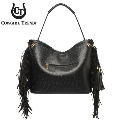 Bright African Bohemian Dashiki Ostrich Fringe Tassels Western Country Handbag Women Shoulder Bag Wallet Set Black