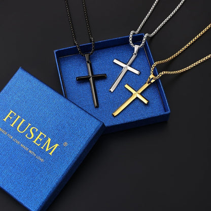 Beveled Edge Cross Necklace for Men, Silver Tone/Black/14K Gold Plated Mens Cross Necklace, 2.5MM Stainless Steel Box Chain with Pendant
