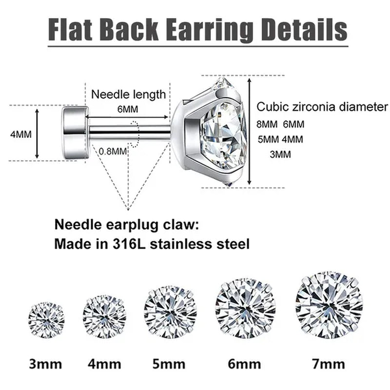 5 Pairs/Set Stainless Steel Mens Womens Stud Earrings Set round Cubic Zirconia Flat Back Earrings Piercing Ear Cartilage Hypoallergenic Men'S Earrings 3-7Mm
