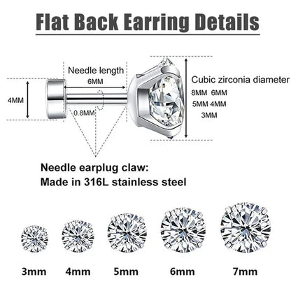 5 Pairs/Set Stainless Steel Mens Womens Stud Earrings Set round Cubic Zirconia Flat Back Earrings Piercing Ear Cartilage Hypoallergenic Men'S Earrings 3-7Mm