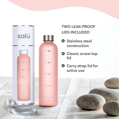 32 Oz Tritan/Bpa-Free Water Bottle W/Time Marker, Pink, Motivational Measurements W/Time & Volume, Frosted Plastic, EXTRA Lid for Gym, Sports, Travel, Fitness, or Work