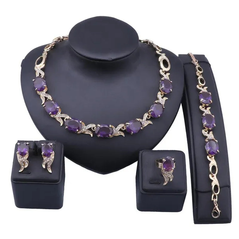 Women Gold Plated Crystal Zircon Ruby Pendant Wedding Party Necklace Bracelet Ring Earring Jewelry Sets