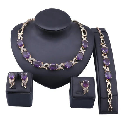 Women Gold Plated Crystal Zircon Ruby Pendant Wedding Party Necklace Bracelet Ring Earring Jewelry Sets