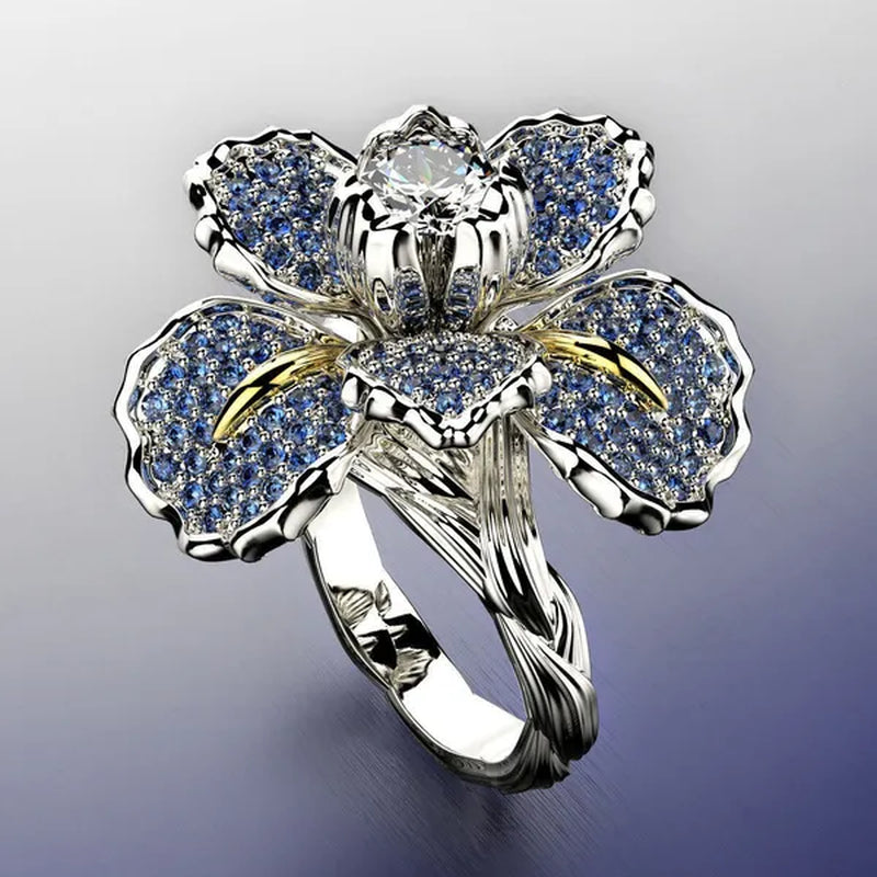 Silver Ring Iris Flower Two Tone Ring Blue Sapphire Flower Engagement Cocktail Ring Statement Crown Ring Natural Gemstones Ring Wedding Bride Engagement Band Charm Party Ring Jewelry - WORLD TIME VISITS