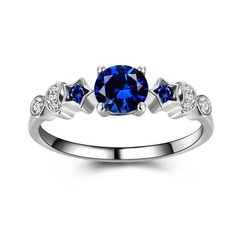 Romantic Moon and Stars Engagement Ring Set 925 Sterling Silver CZ Blue Sapphire Diamond Promise Rings Fashion Cocktail Party Jewelry Bridal Wedding Band Size 6-10