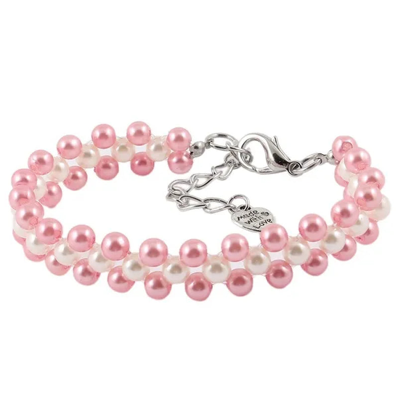 Three Rows Pearl Linked Beads Pet Dog Heart Pendant Puppy Collar Necklace S/M/L Size