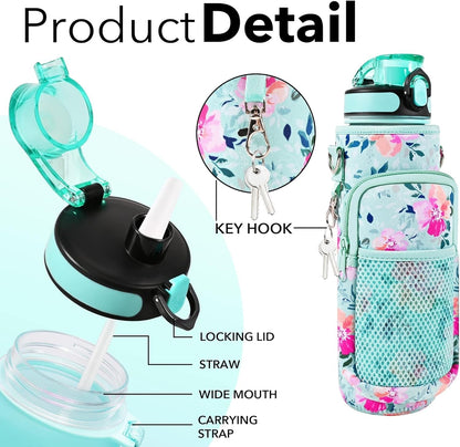 32 Oz Water Bottles with Straw & Strap, Motivational Water Bottles with Times to Drink, BPA Free Reusable Sports Water Bottle with Sleeve Carrier for Hiking, Travel, Running or Fitness