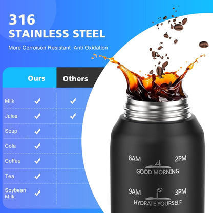 32Oz Water Bottle 316 Stainless Steel with Time Marker, 1000Ml Insulated Water Bottle Double Walled with Handle, Metal Thermoses Keep Cold & Hot 24H for Men, Women & Kids BLACK