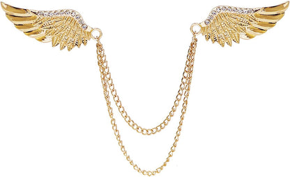 2PCS Angel Wings Tassel Chain Brooch Collar Pins,Rhinestone Metal Feather Lapel Pin, Suit Coat Breastpin for Women Men'S Accessories