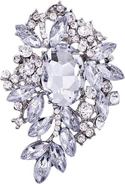 Vintage Sparkly Austrian Crystal Flower Leaf Bouquet Clusters Big Large Brooch Pin for Women Gold Tone