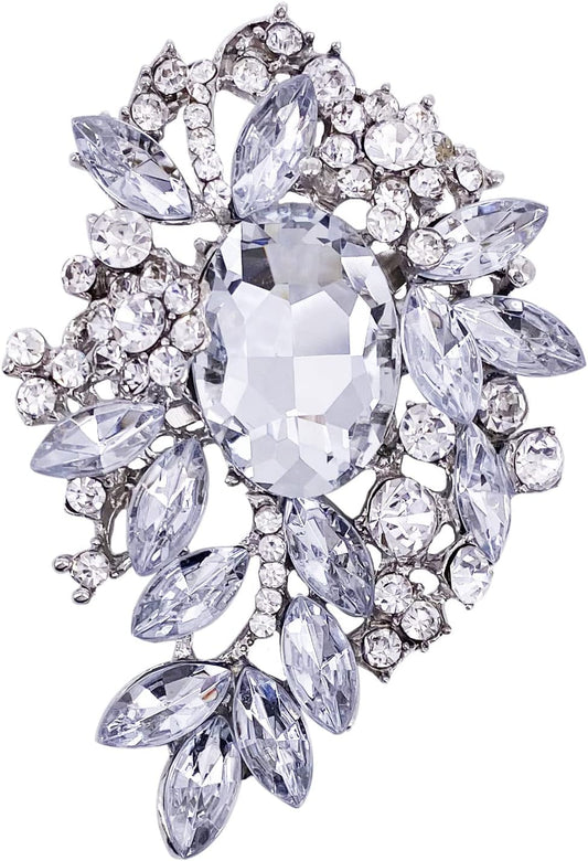 Vintage Sparkly Austrian Crystal Flower Leaf Bouquet Clusters Big Large Brooch Pin for Women Gold Tone