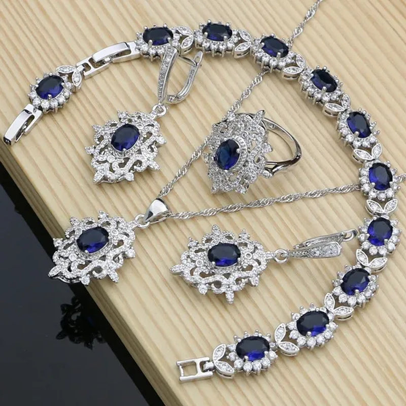 Romantic Women Anniversary Silver 925 Jewelry Sets Sapphire Amethyst Garnet Emerald Gemstone Fashion Necklace Set