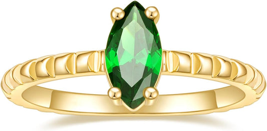 14K Gold Plated Engagement Rings for Women Created Green Emerald Solitaire Emerald Oval Marquise Cut Wedding Band Promise Ring for Her Size 5-10