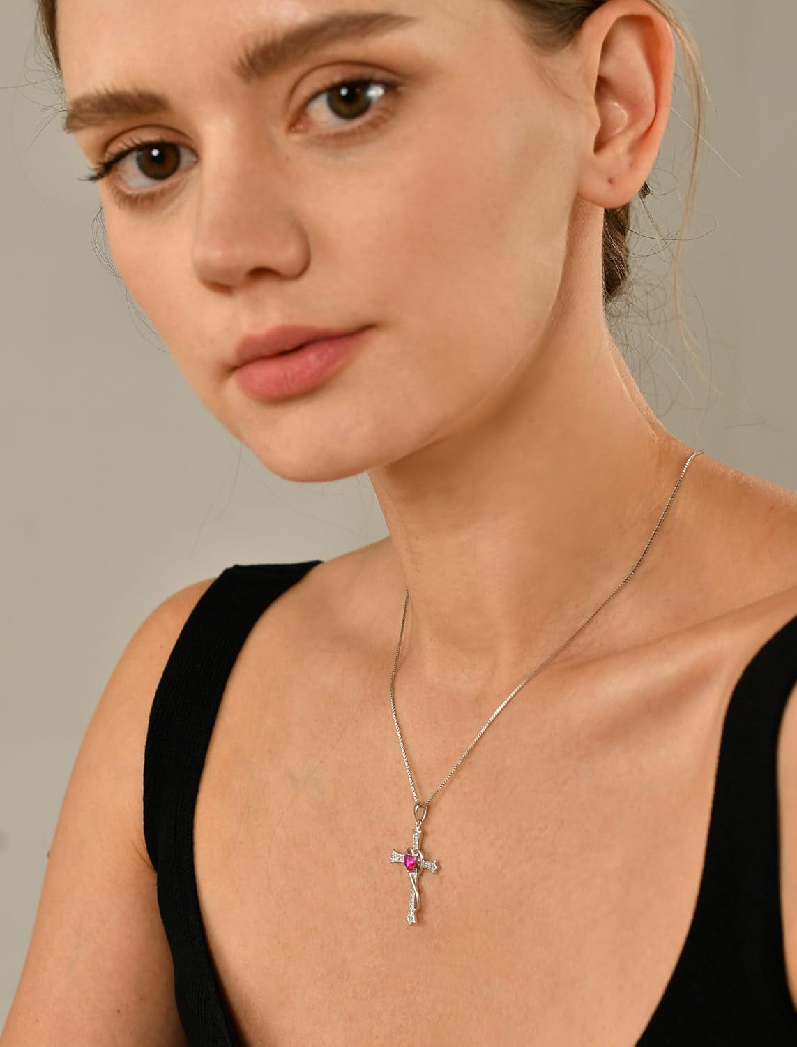 Heart Cross Necklace 925 Sterling Silver Birthstone Twisted Pendant Jewelry for Women