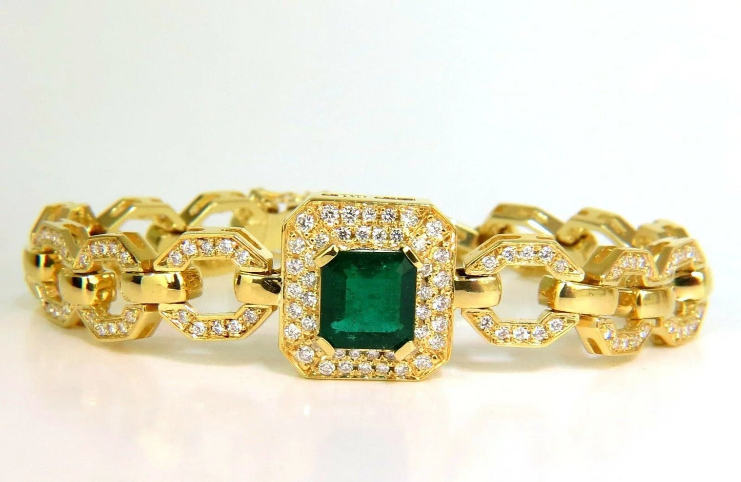 6.25CT NATURAL EMERALD DIAMOND BRACELET 18KT GREEK LINKED DECO