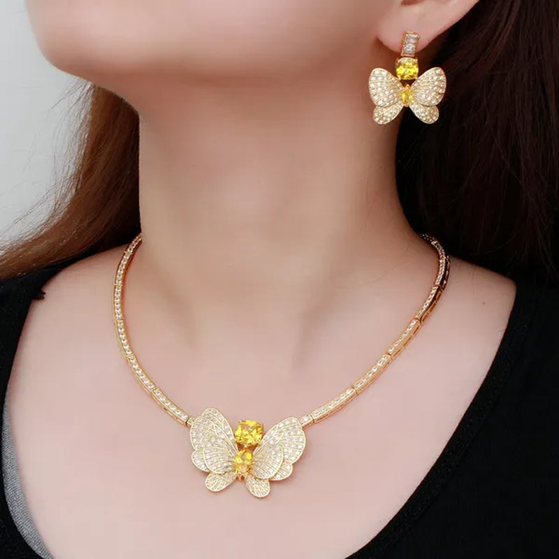 CANDICE Statement Citrine Butterfly Design Pendant Earrings Choker Necklace Micro CZ Temperament Luxury Jewelry Set Dress Accessories