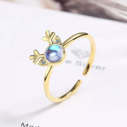 Korean Antler Ring 925 Sterling Silver Artificial Moonstone Rings for Women All with You Ring Adjustable Size