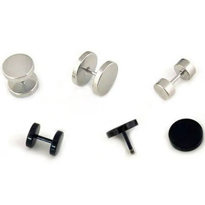 Punk Style Black Silver Stud Earrings Unisex Man Woman Earrings round Barbell Ear Stud Fashion Ear Piercing Jewelry Fake Plug 1 Pair