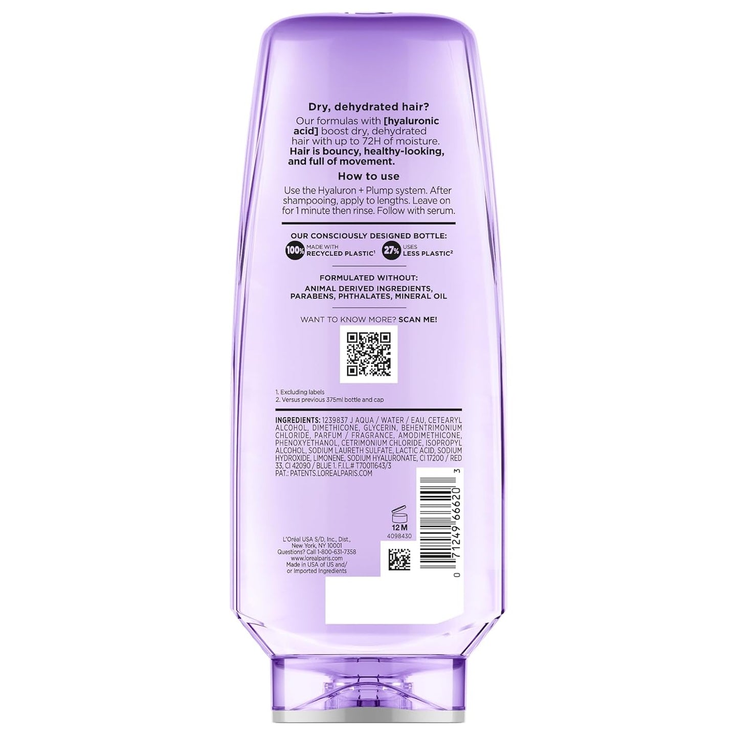 Elvive Hyaluron Plump Hydrating Conditioner for Dehydrated, Dry Hair Infused with Hyaluronic Acid Care Complex, Paraben-Free, 12.6 Fl Oz