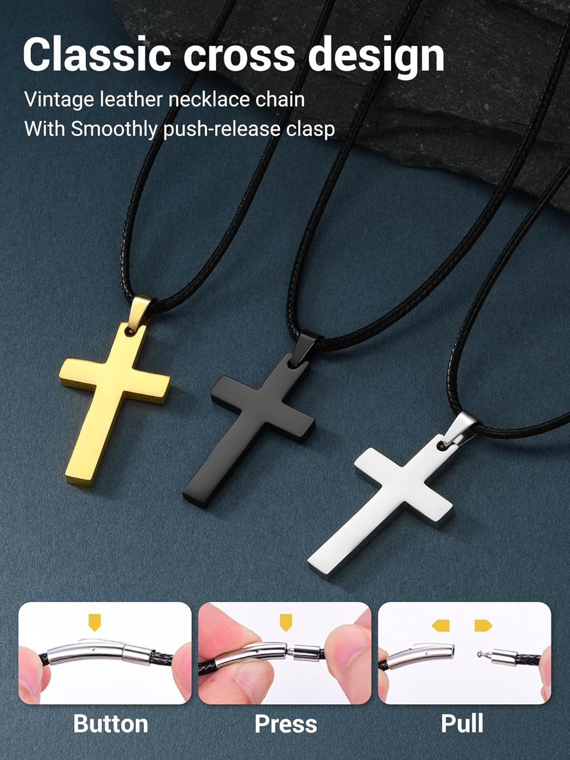 Stainless Steel Pendant Necklace for Men Women, Cool Punk Shark Teeth Necklace, Cross Necklace, Star of David Necklace, Black Leather Cord, Come Box