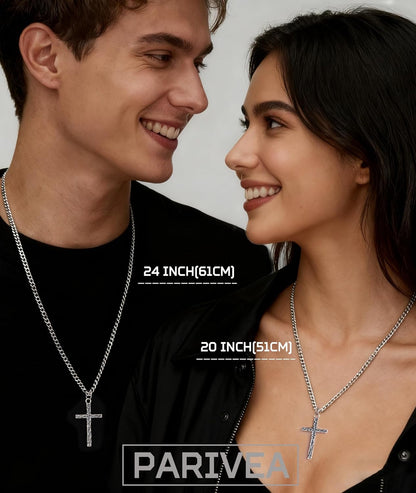 925 Sterling Silver Cross Necklace Men - Oxidized Hammered Cross Pendant with Stainless Steel Cuban Link Curb Chain Vintage Unique Crucifix Necklaces Silver Jewelry for Mens Women 16-30 Inches