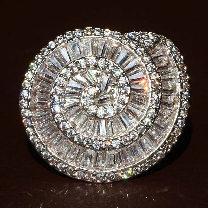 Gorgeous  Silver Crown Natural Gemstones White Sapphire Birthstone Bride Wedding Engagement Multilayer Rose Conch Ring Size 6 7 8 9 10