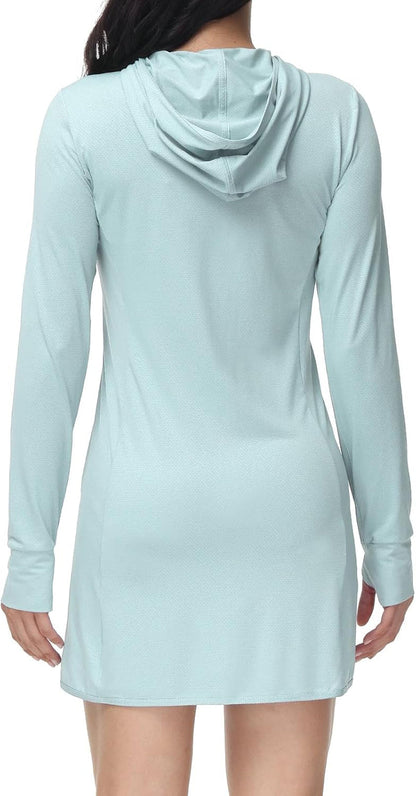 Women'S Long Sleeve Zip Beach Coverup UPF 50+ Sun Protection Hooded Cover up Shirt Dress with Pockets - WORLD TIME VISITS