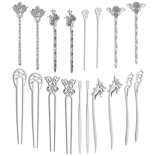 18 PCS Silver Hair Sticks Vintage Hair Pins Chinese Women Hair Chopsticks Pins Retro Vintage Decorative for Hair Diy Accessory（9 Design）