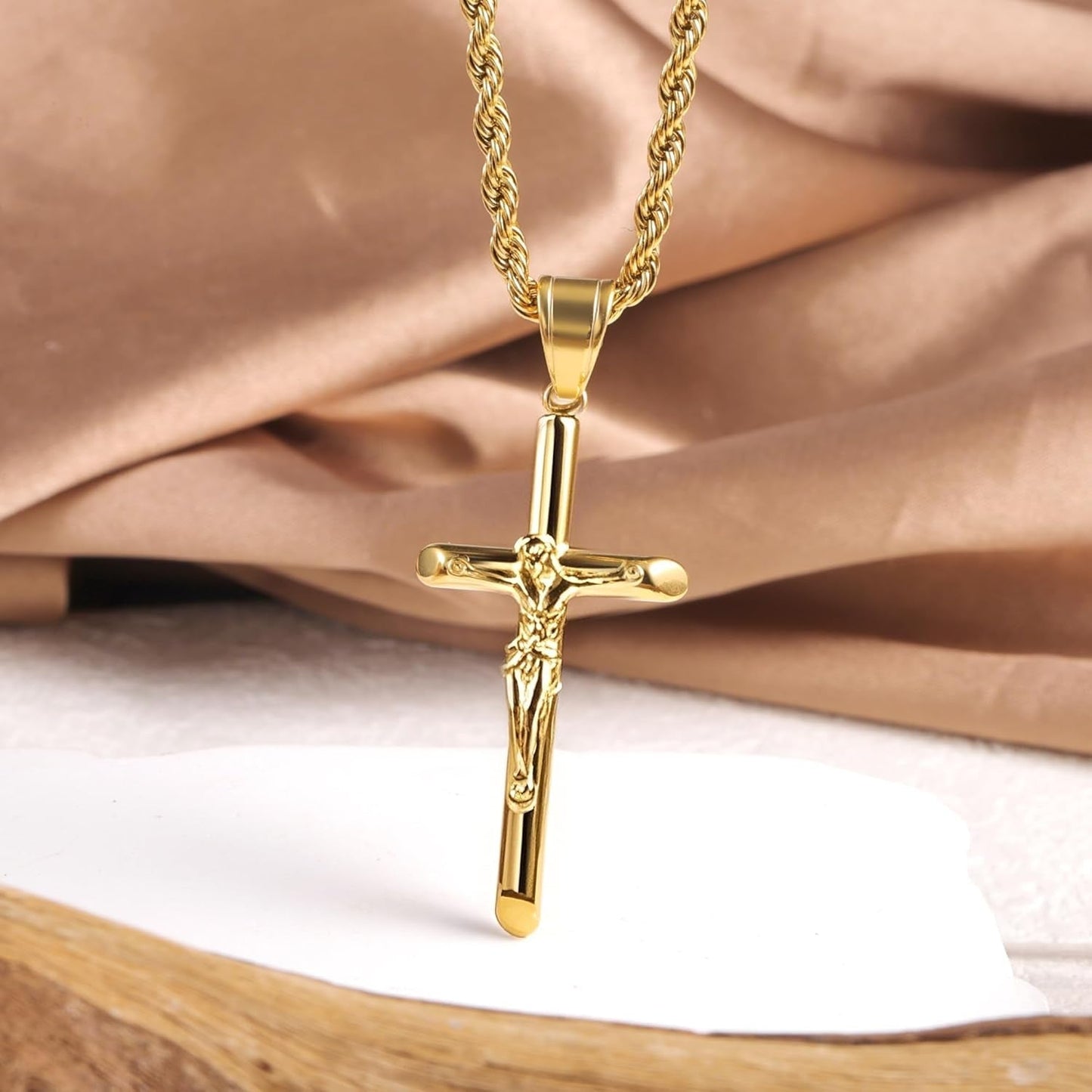 Sterling Silver Plated Cross Necklace for Men Gold Plated Cross Necklaces for Women Trendy Stainless Steel Crucifix Pendant with 3Mm 21Inch Rope Chain