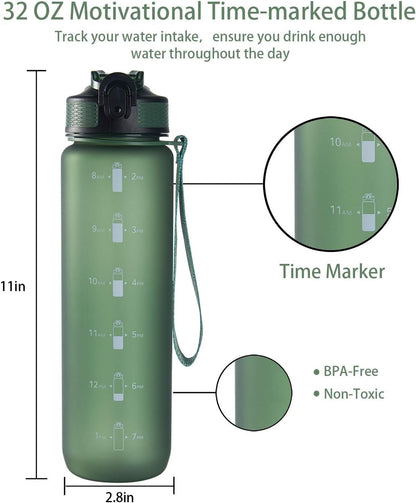 32 Oz Water Bottle with Time Marker, Carry Strap, Leak-Proof Tritan Bpa-Free, Ensure You Drink Enough Water for Fitness, Gym, Camping, Outdoor Sports - WORLD TIME VISITS