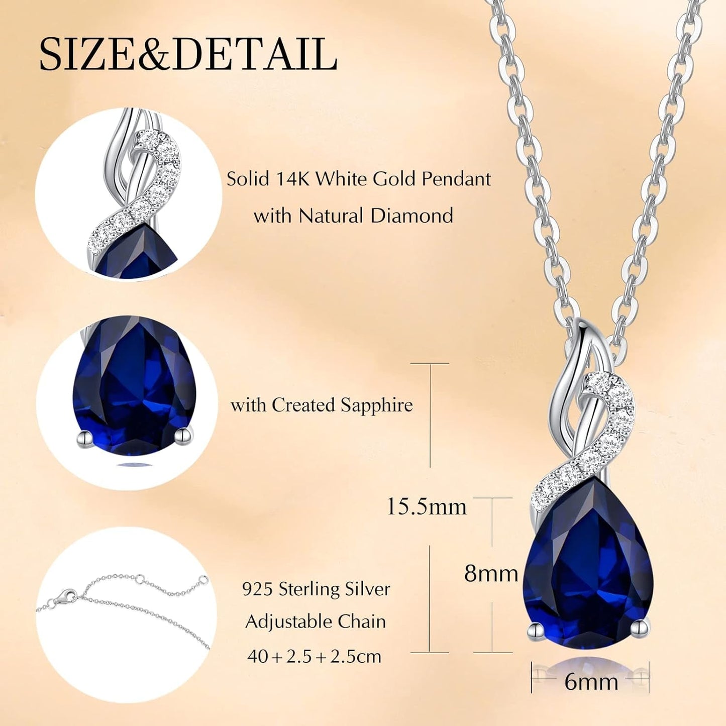 14K Solid White Gold Teardrop Pendant with Diamond Birthstone Necklace Birthday Gifts for Mom Women, Sterling Silver Chain 16" + 2" Extender